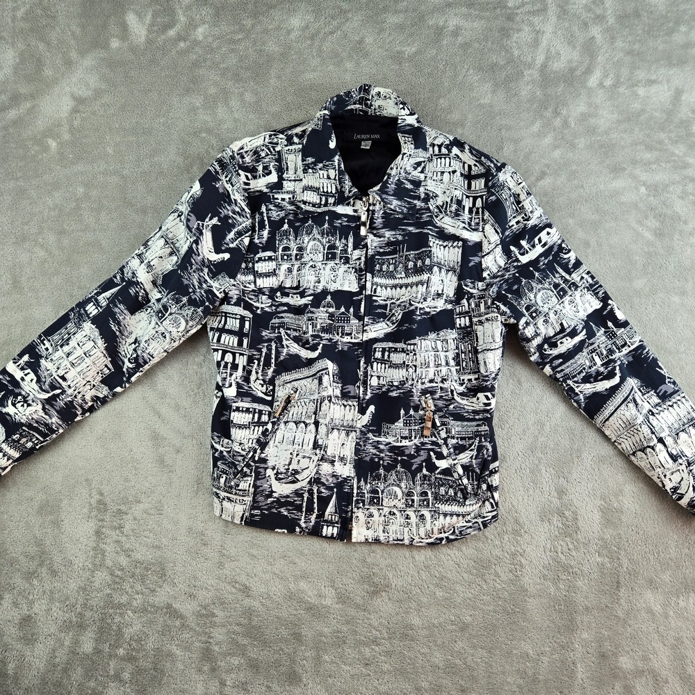 Vintage Lauren Max Jacket Small Black White Cityscape Print‎ Gallery Fashion USA